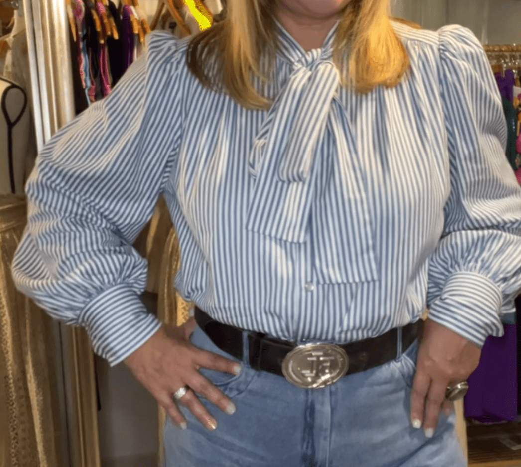 Blue Stripe Bow Tie Blouse – Elegant Feminine Statement Top - Bella & Bellasbylola.com