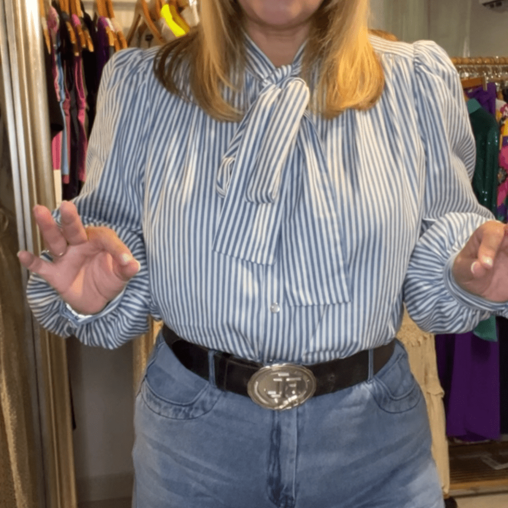 Blue Stripe Bow Tie Blouse – Elegant Feminine Statement Top - Bella & Bellasbylola.com