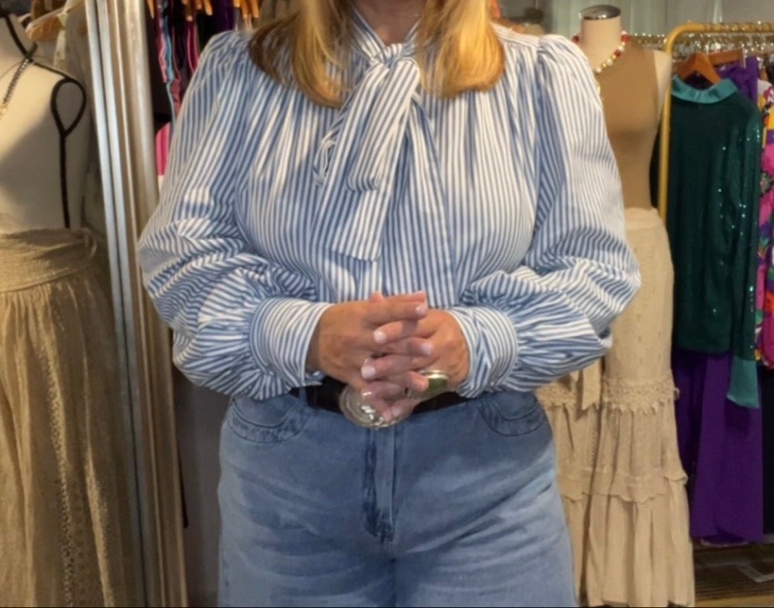 Blue Stripe Bow Tie Blouse – Elegant Feminine Statement Top - Bella & Bellasbylola.com