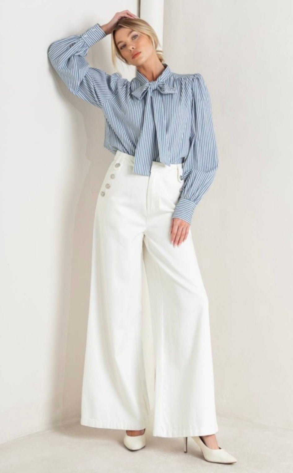 Blue Stripe Bow Tie Blouse – Elegant Feminine Statement Top - Pre - Orden - Bella & Bellasbylola.com