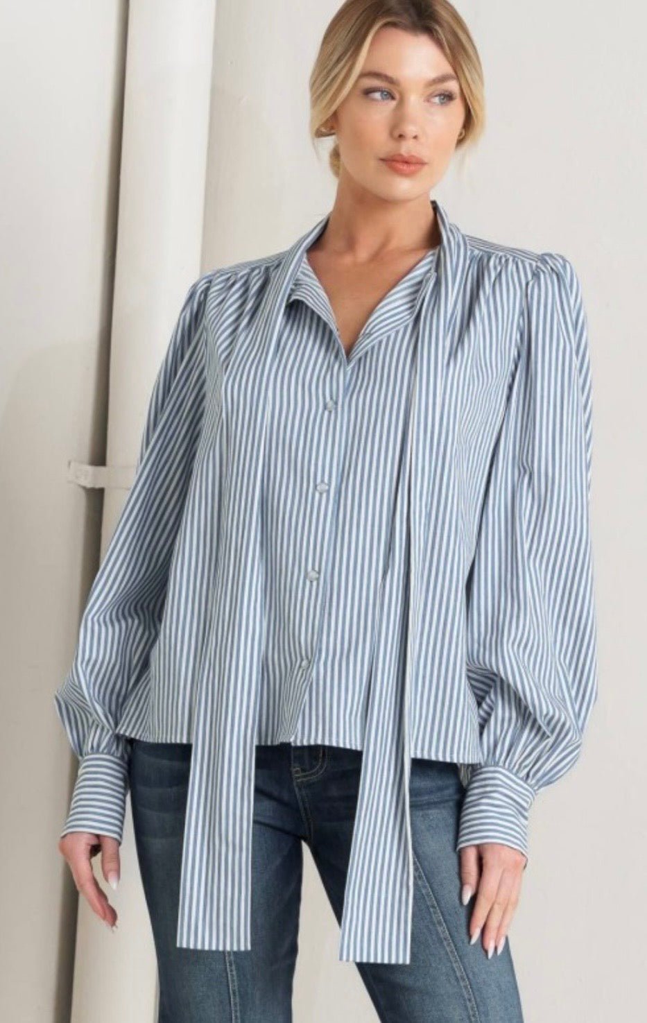 Blue Stripe Bow Tie Blouse – Elegant Feminine Statement Top - Pre - Orden - Bella & Bellasbylola.com