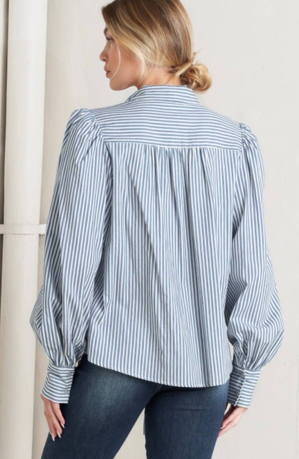 Blue Stripe Bow Tie Blouse – Elegant Feminine Statement Top - Pre - Orden - Bella & Bellasbylola.com