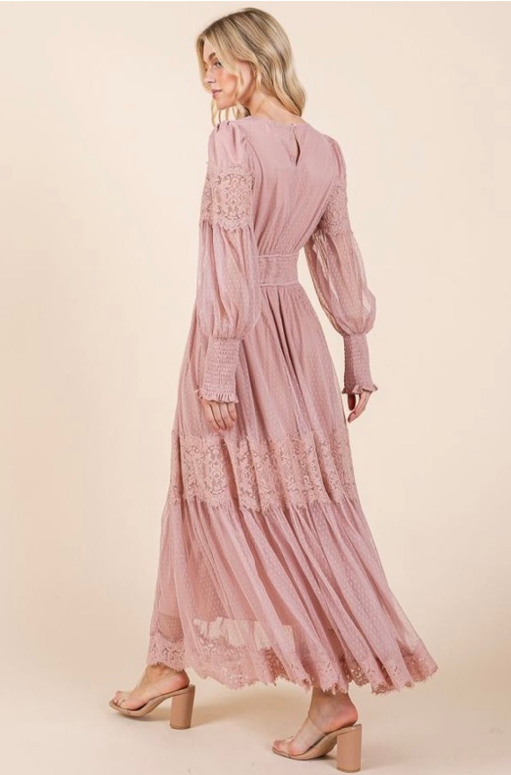 Blush Lace Maxi Dress: Elegant and Luxurious with Long Flowing Sleeves - 100% Polyester - Bella Boutique & Bellasbylola.com