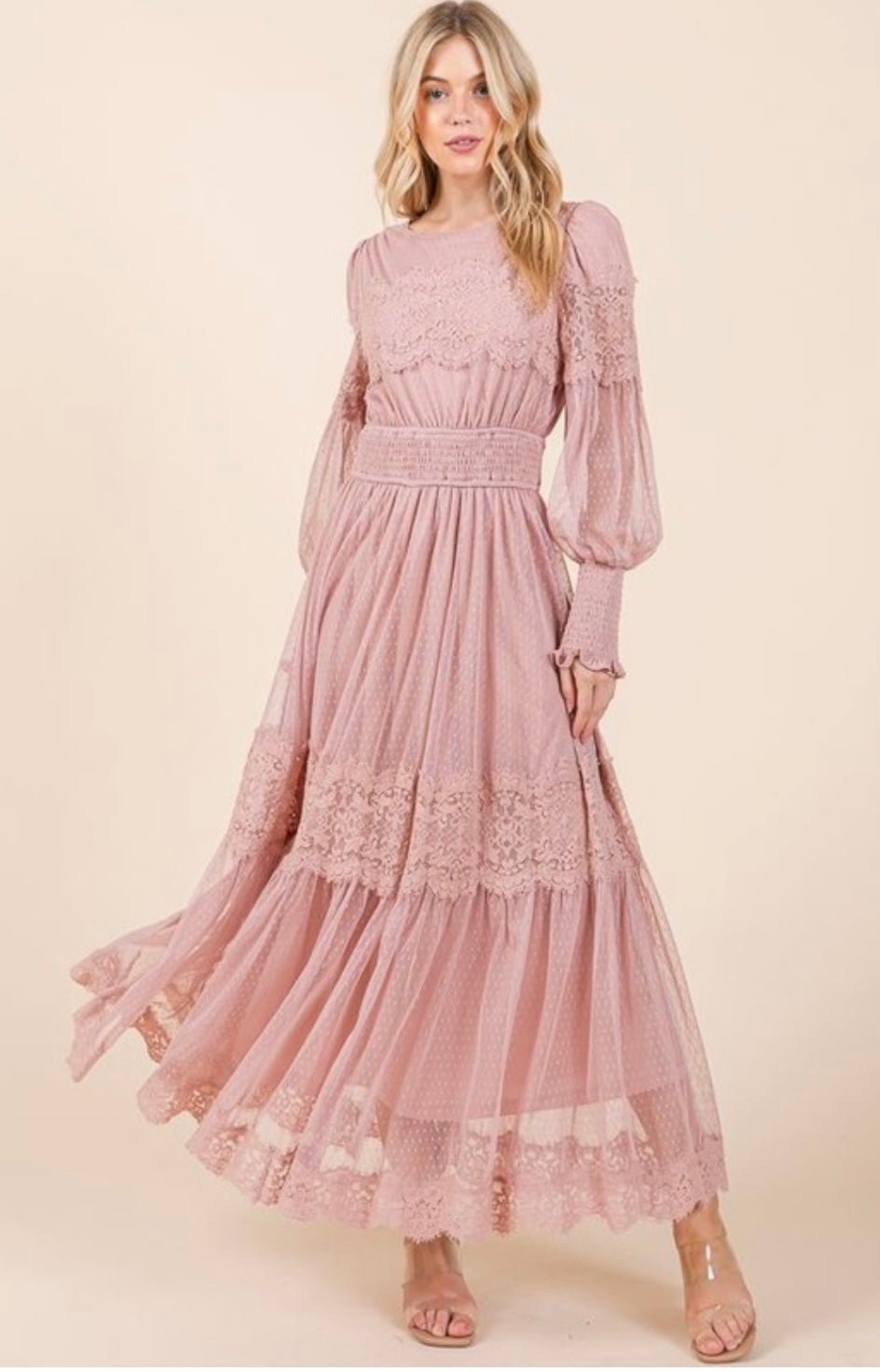 Blush Lace Maxi Dress: Elegant and Luxurious with Long Flowing Sleeves - 100% Polyester - Bella Boutique & Bellasbylola.com