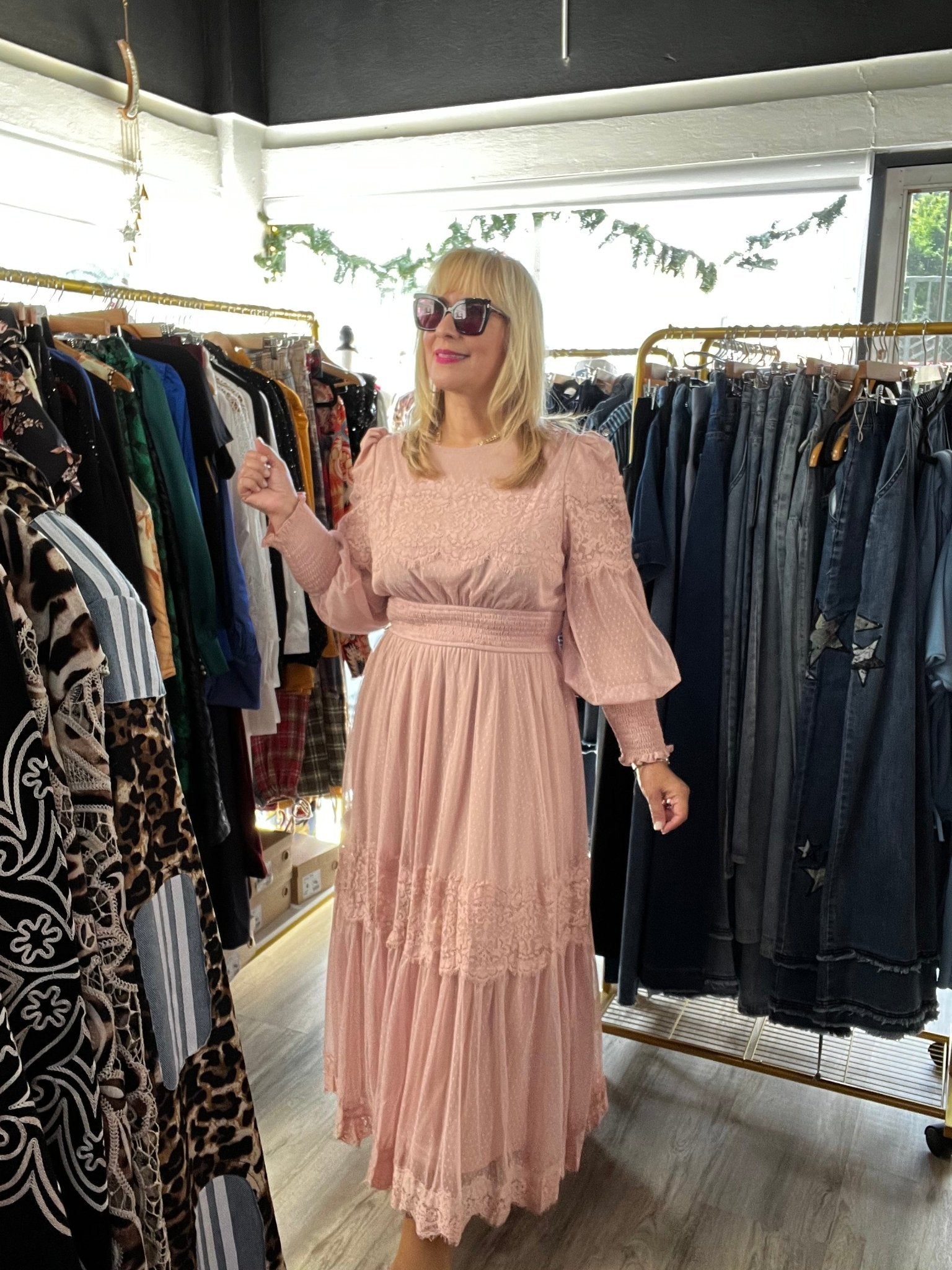 Blush Lace Maxi Dress: Elegant and Luxurious with Long Flowing Sleeves - 100% Polyester - Bella Boutique & Bellasbylola.com