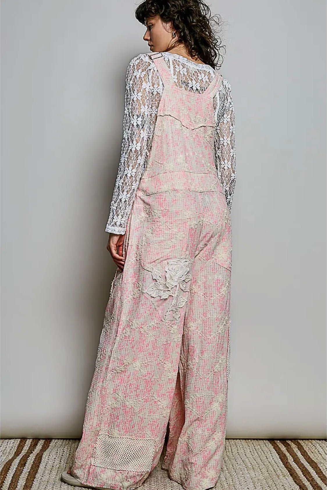 Bohemian Pink Floral Embroidery Crochet Overall - Runs big ! you can go down one size - BELLASBYLOLA.COM
