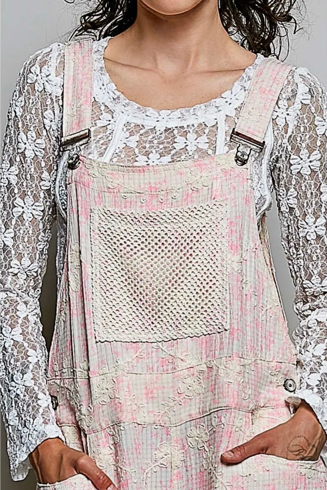 Bohemian Pink Floral Embroidery Crochet Overall - Runs big ! you can go down one size - BELLASBYLOLA.COM