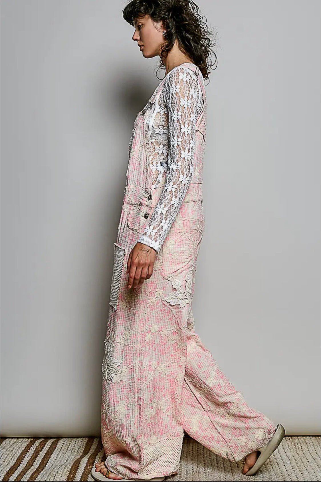 Bohemian Pink Floral Embroidery Crochet Overall - Runs big ! you can go down one size - BELLASBYLOLA.COM