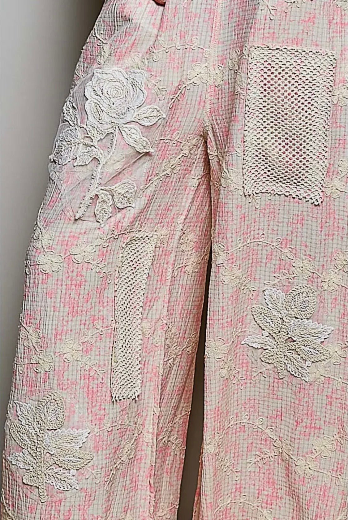 Bohemian Pink Floral Embroidery Crochet Overall - Runs big ! you can go down one size - BELLASBYLOLA.COM