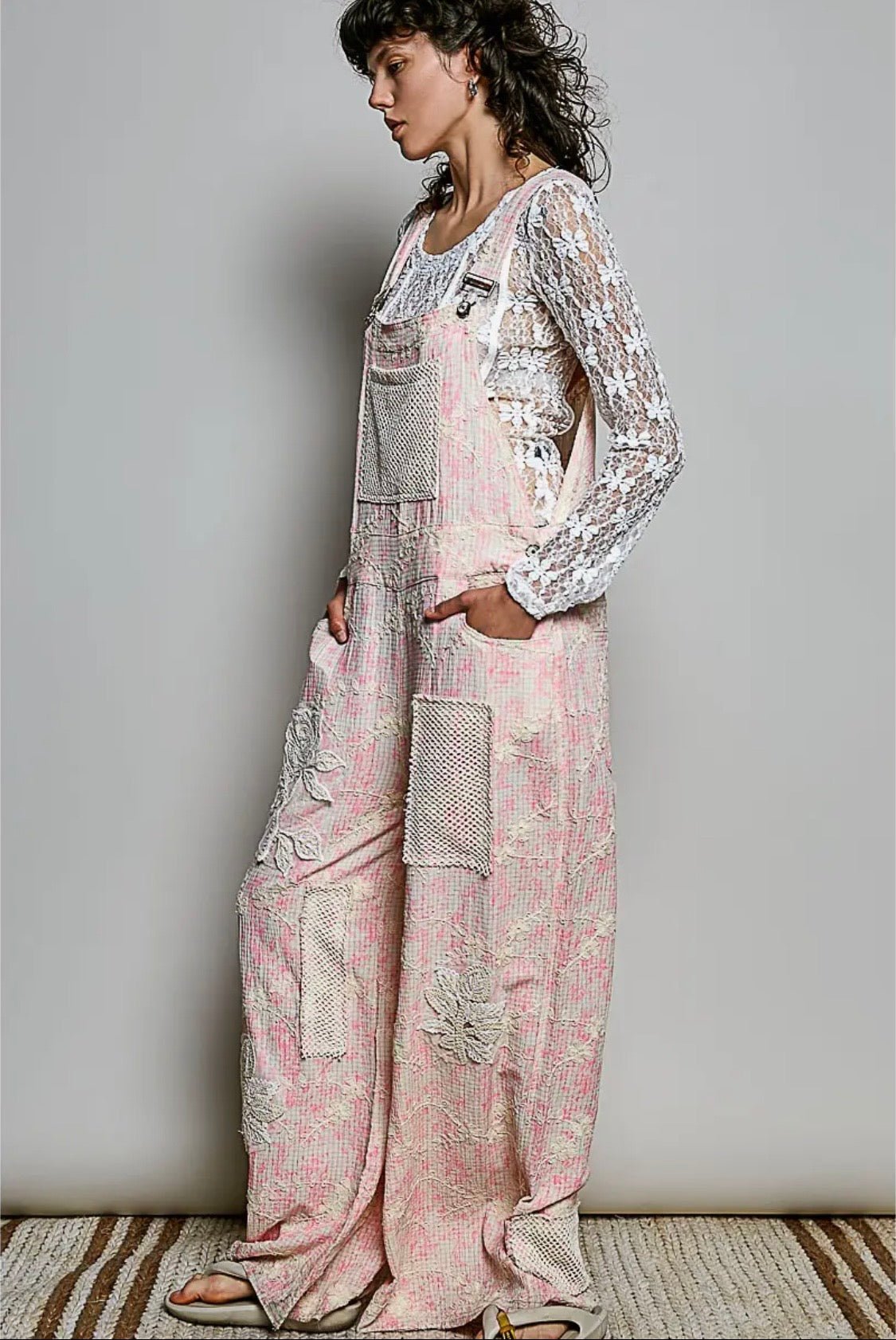 Bohemian Pink Floral Embroidery Crochet Overall - Runs big ! you can go down one size - BELLASBYLOLA.COM