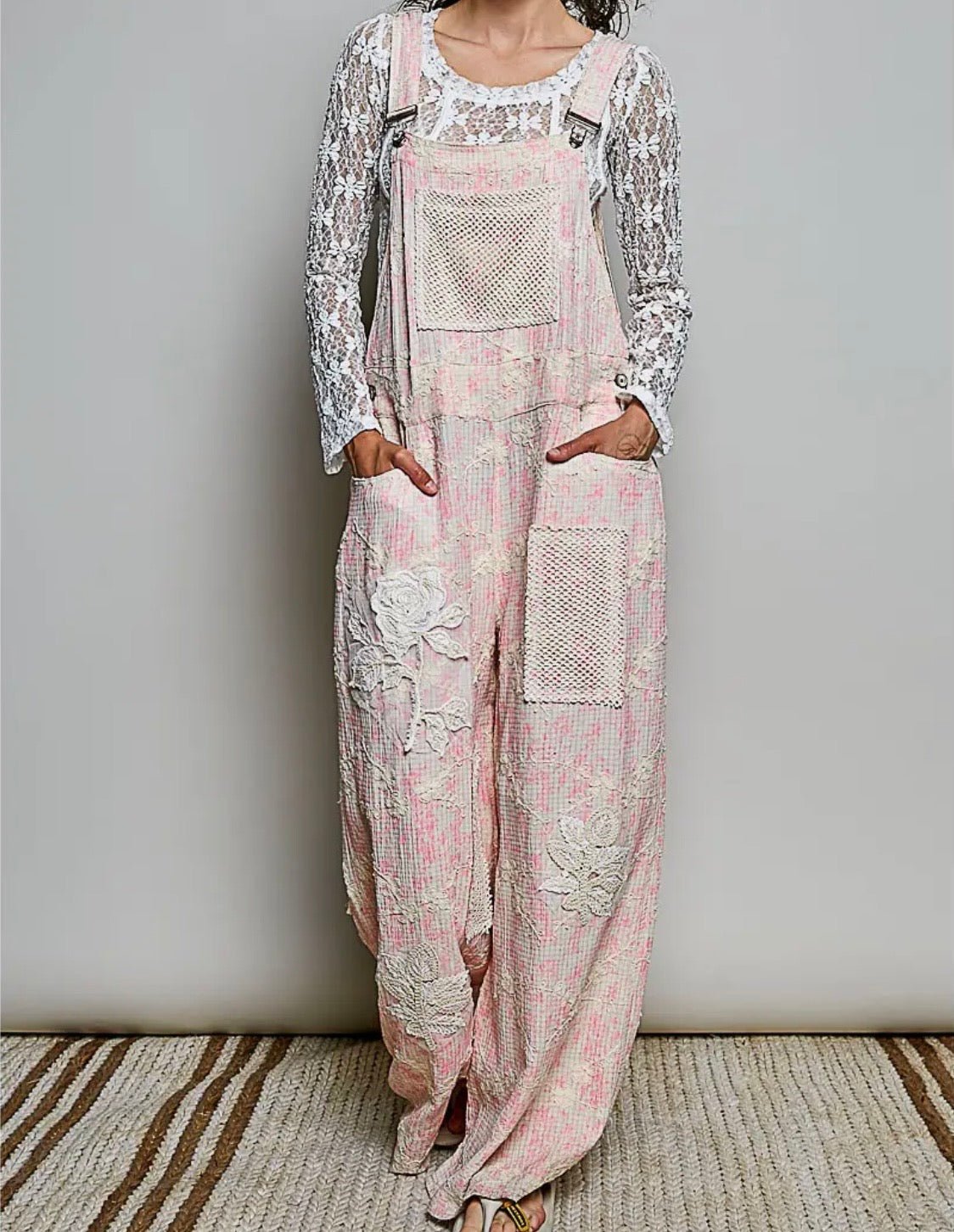 Bohemian Pink Floral Embroidery Crochet Overall - Runs big ! you can go down one size - BELLASBYLOLA.COM