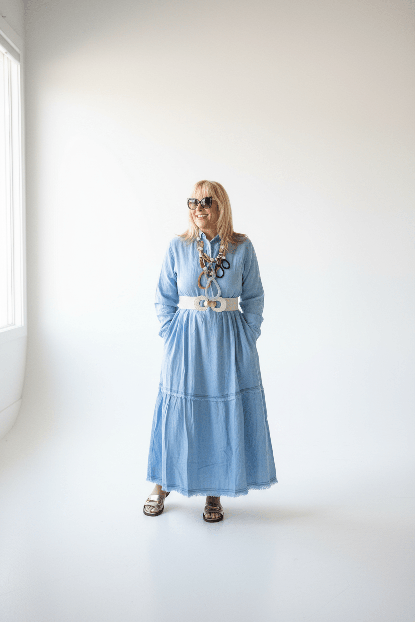 Boho Chic Button Front Wash Denim Maxi Dress - Tencel - Bella & Bellasbylola.com