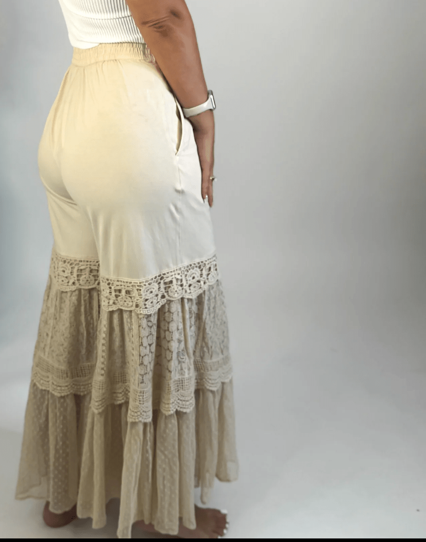 Boho Chic Desert Dream Wide Leg Pants with Knit & Lace - True to Size - BELLASBYLOLA.COM