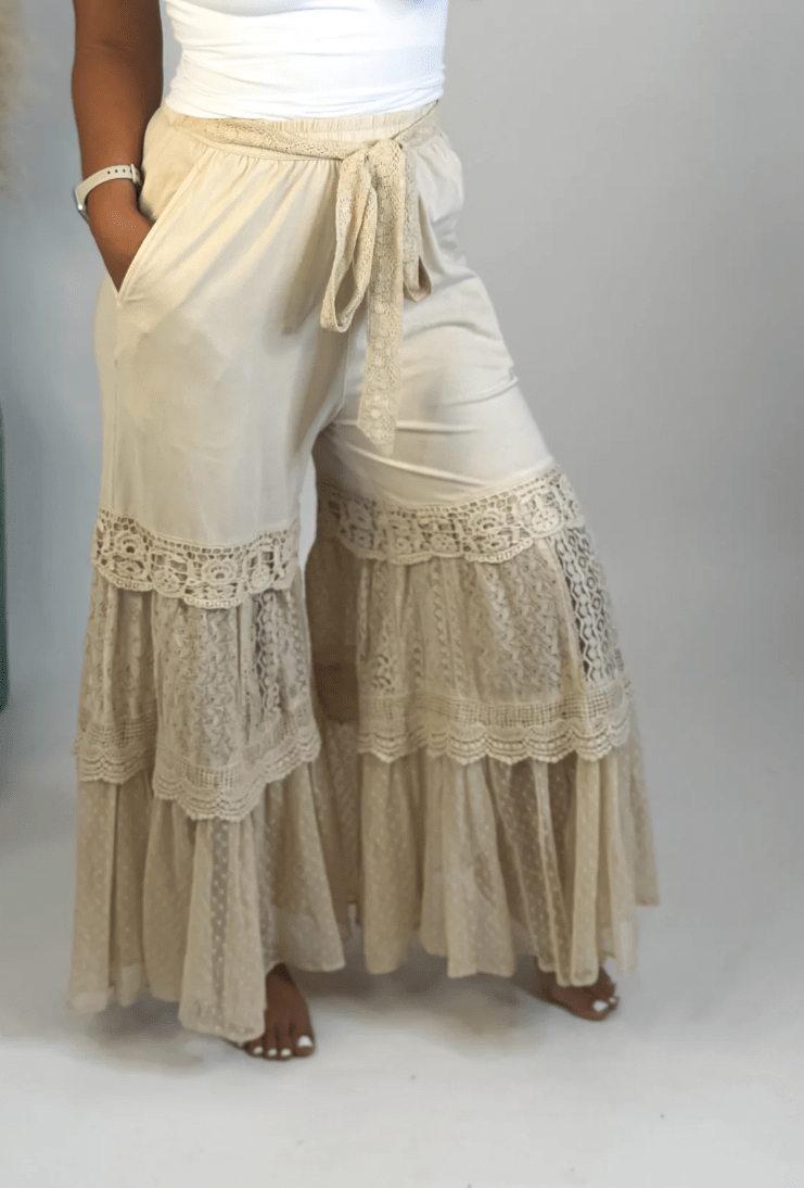 Boho Chic Desert Dream Wide Leg Pants with Knit & Lace - True to Size - BELLASBYLOLA.COM