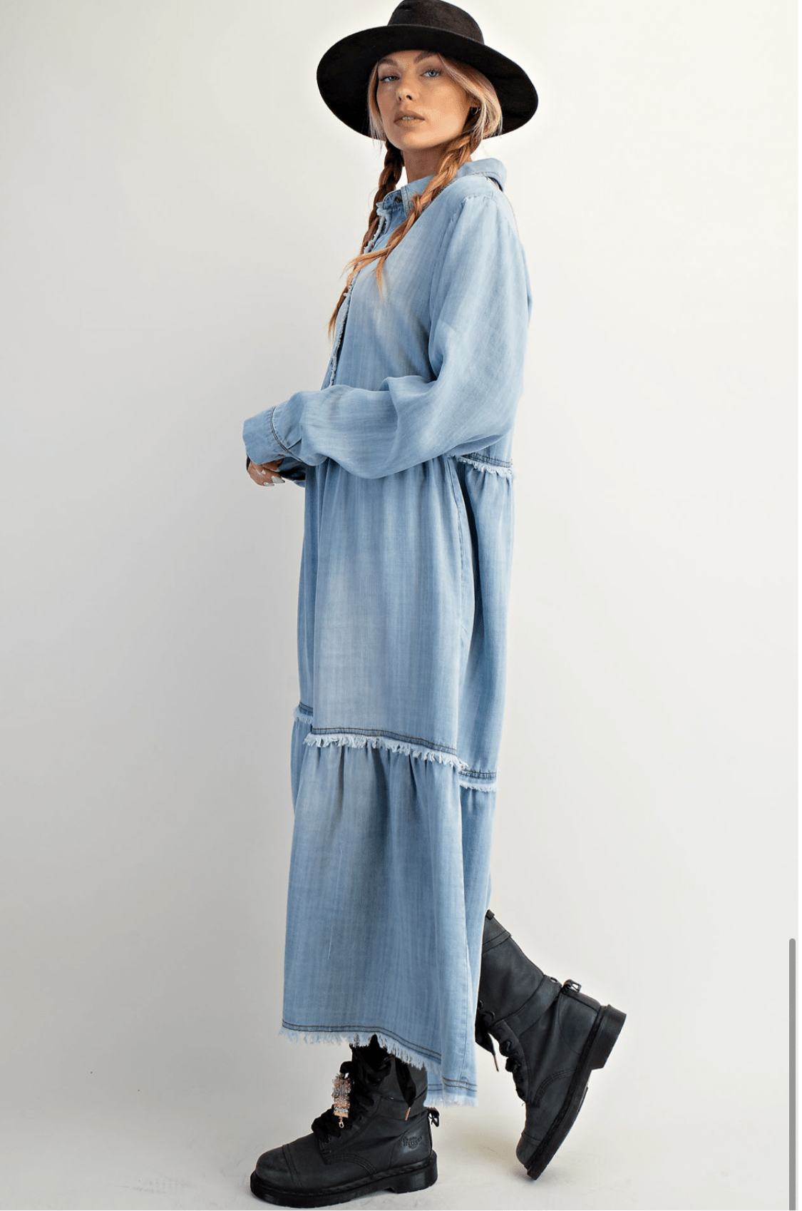 Button Front Wash Denim Maxi Dress - Bella Boutique & Bellasbylola.com