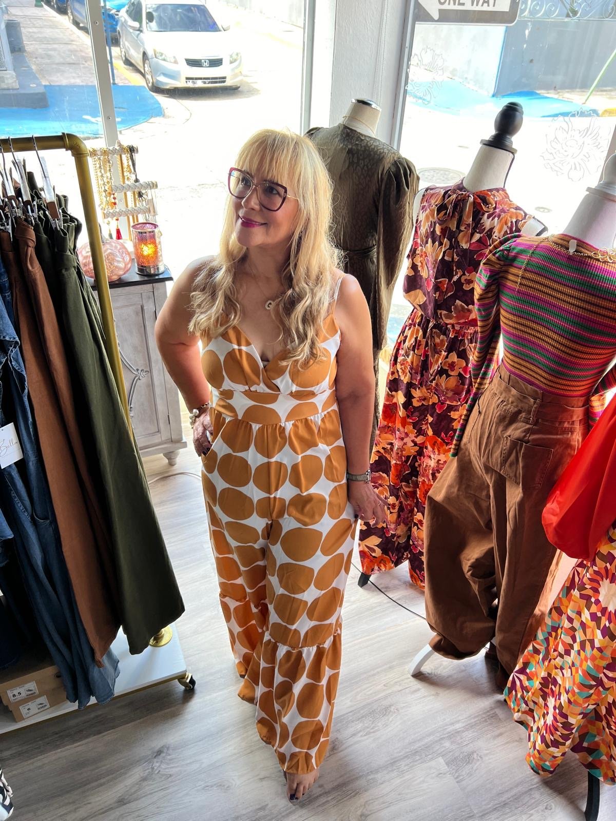 Caramel Circle Print Jumpsuit with Ruffled Hems - Modern Sophistication & Ultimate Comfort!