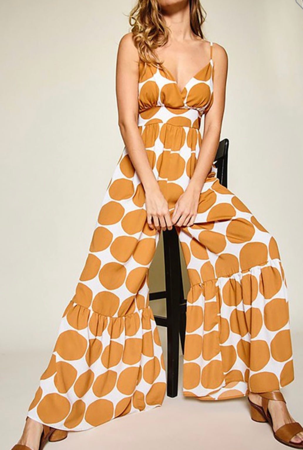 Caramel Circle Print Jumpsuit with Ruffled Hems - Modern Sophistication & Ultimate Comfort!