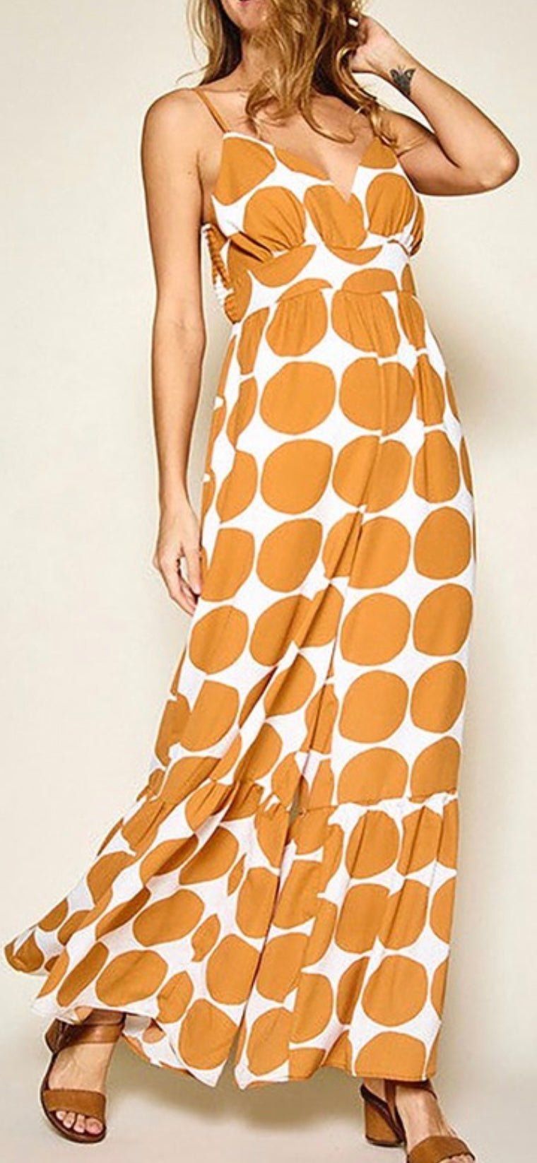 Caramel Circle Print Jumpsuit with Ruffled Hems - Modern Sophistication & Ultimate Comfort!
