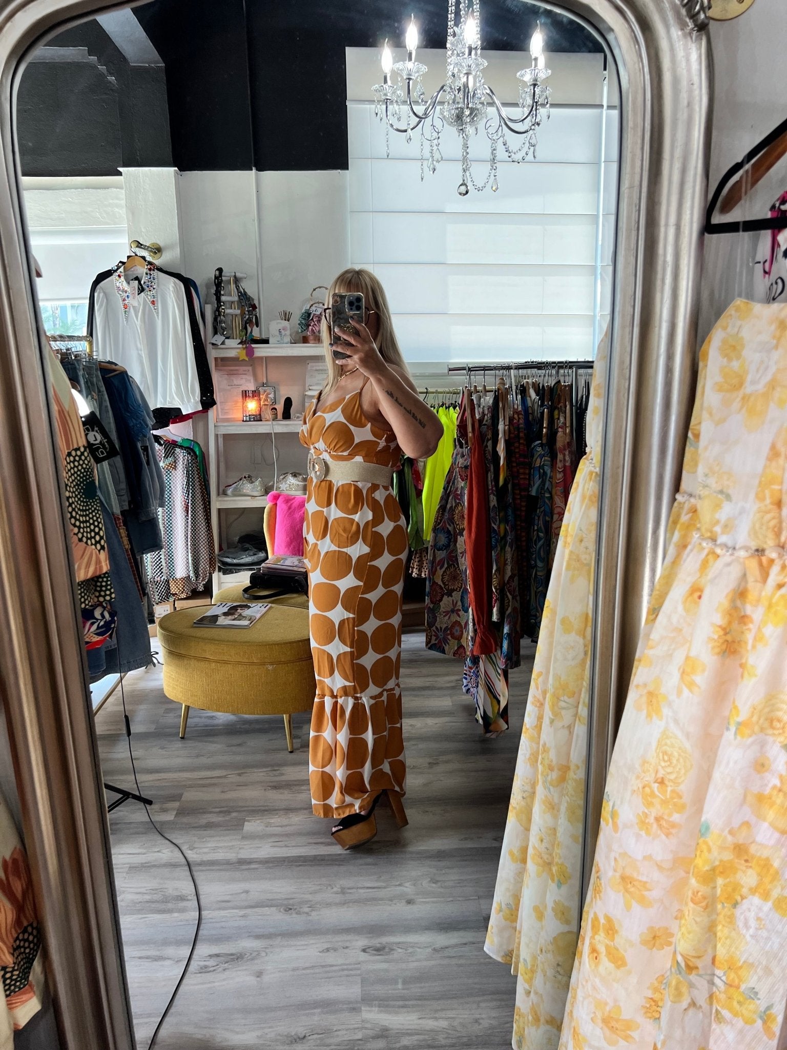 Caramel Circle Print Jumpsuit with Ruffled Hems - Modern Sophistication & Ultimate Comfort!