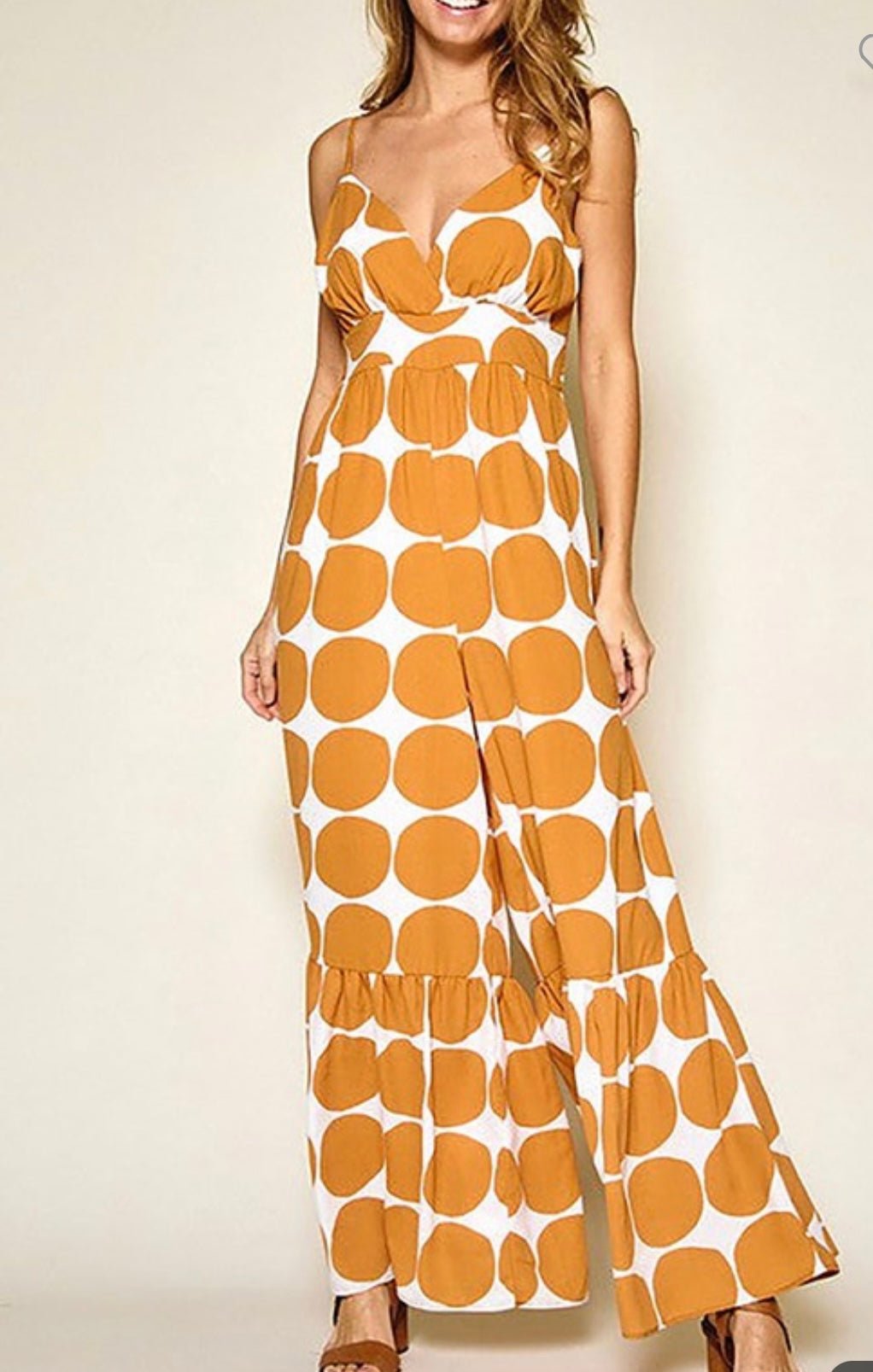 Caramel Circle Print Jumpsuit with Ruffled Hems - Modern Sophistication & Ultimate Comfort!