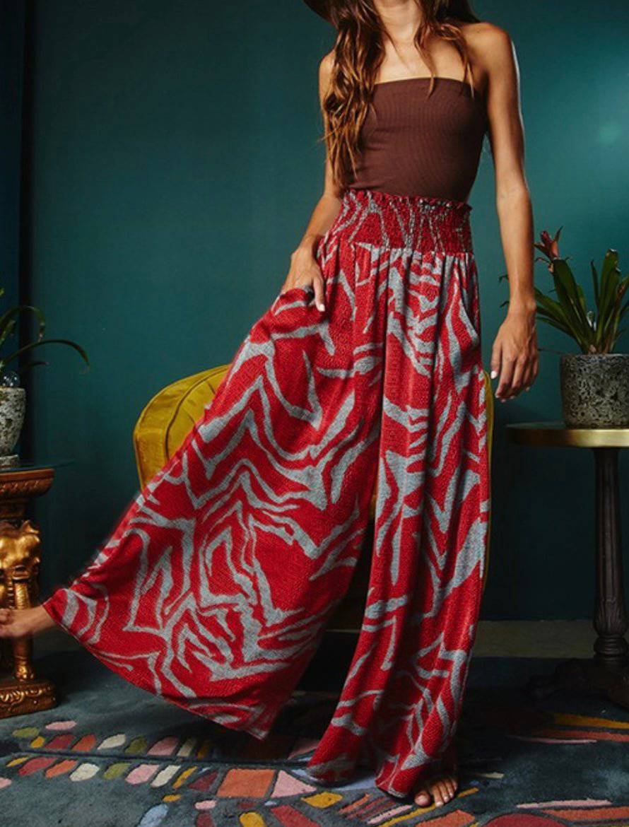 Smocked Waist Wide Leg Pants - 100% Polyester Coordinating Blouse Available - Bella Boutique & Bellasbylola.com