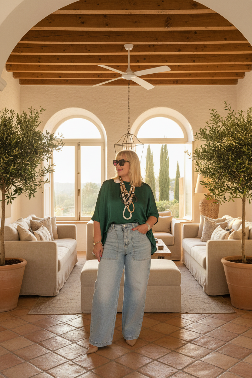 Emerald Green Satin Tunic 3/4 Sleeve Blouse - True to size
