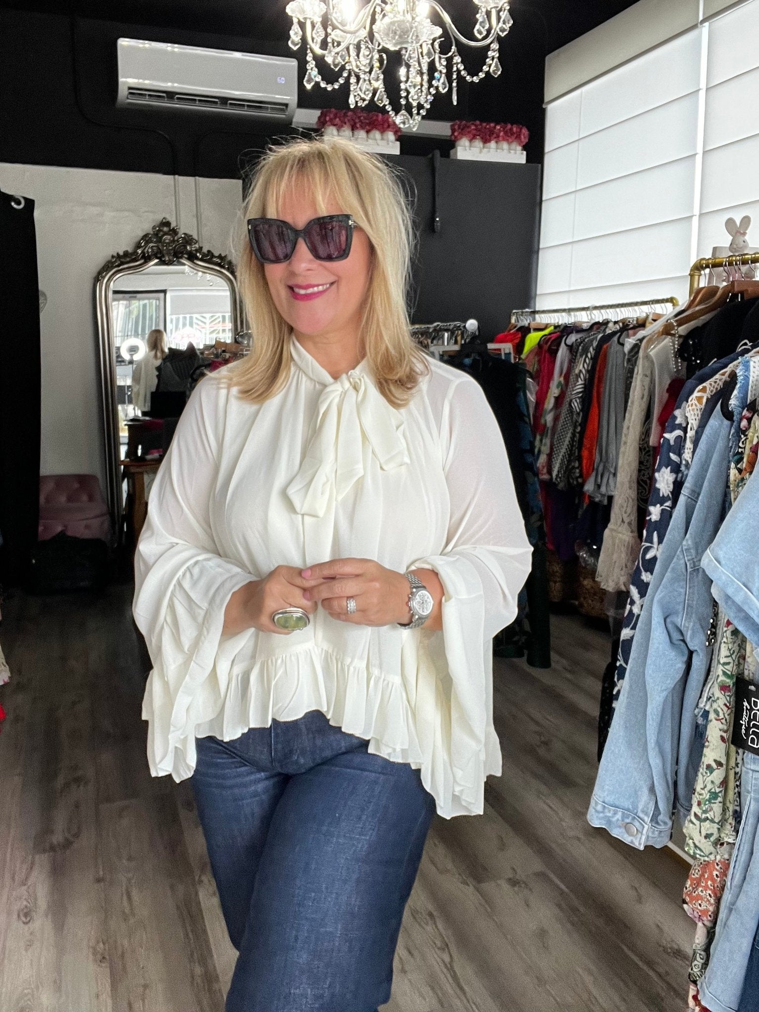 Chiffon Ruffled Boho Chic Long Sleeve Blouse (Beige or Black) - TAX INCLUDED - Bella Boutique & Bellasbylola.com
