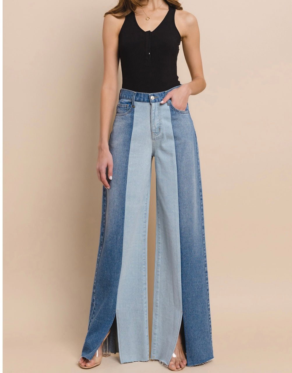 High Waisted Color Block Wide Leg Jeans - Bella Boutique & Bellasbylola.com