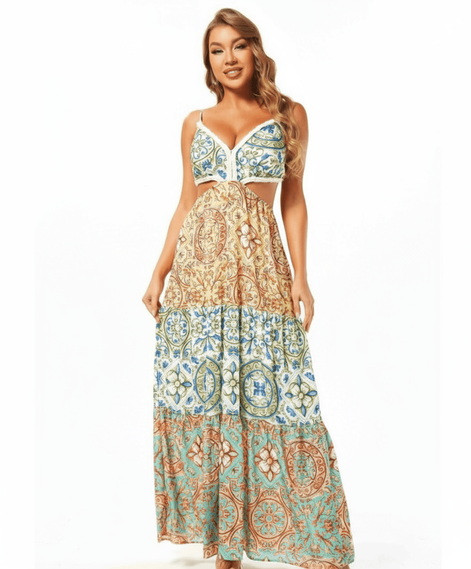 Colorful Spaghetti Strap Maxi Dress with Cutout Waist & V - Neck - Bella Boutique & Bellasbylola.com
