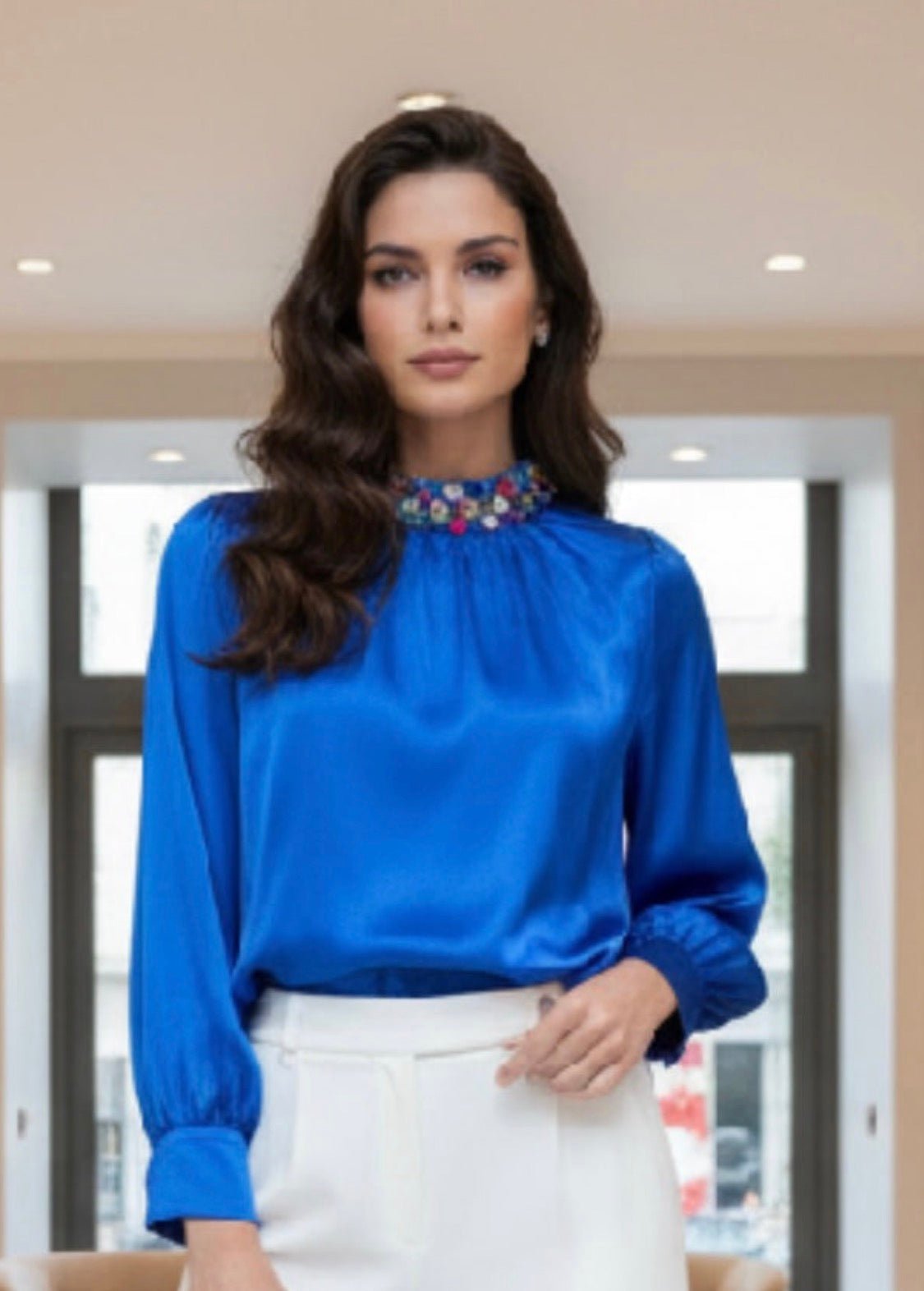Crystal Neck Cobalt Blue Blouse: Luxurious Tailored Elegance - Bella Boutique & Bellasbylola.com