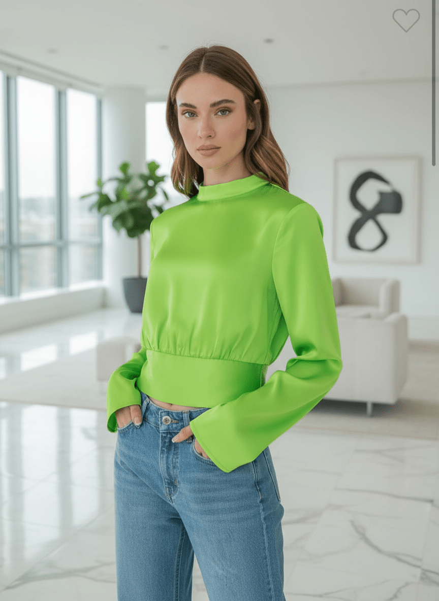 Daring Adventure Satin Blouse: Mock Neck, Shirred Waist, Cropped, Back Bow Tie - Bella Boutique & Bellasbylola.com