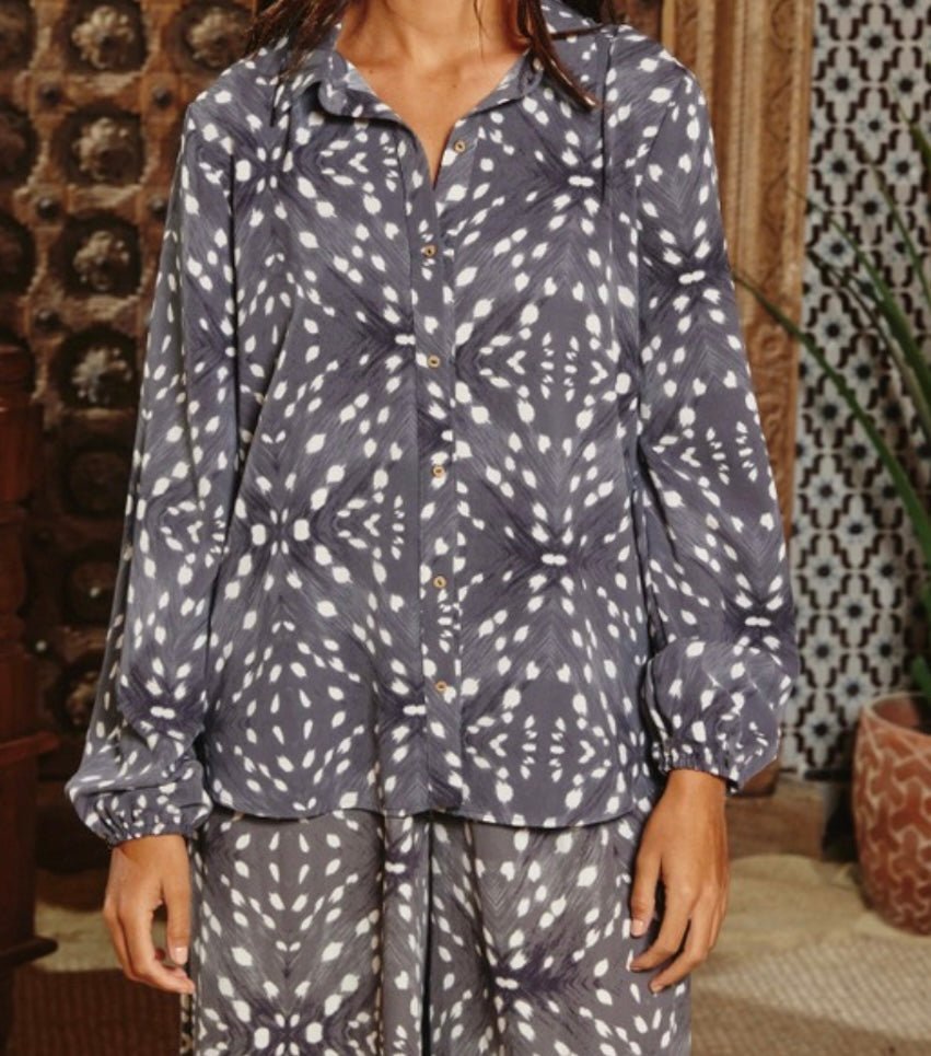 Dark Grey Collared Button Down Top - Loose Fit, Elastic Sleeves - Bella Boutique & Bellasbylola.com