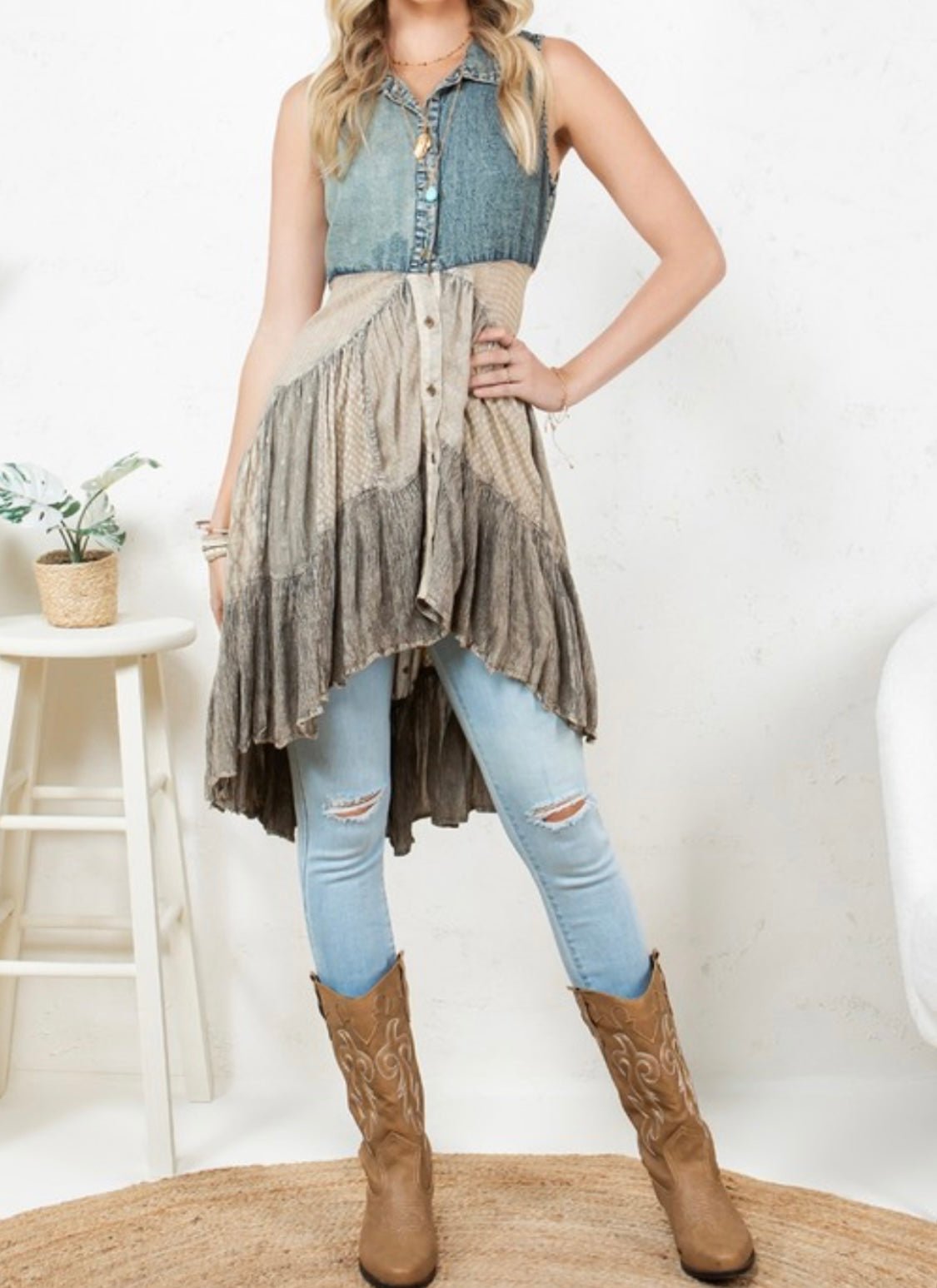Denim & Beige Asymmetrical Hi Low Vest - In Store & Online - Bella Boutique & Bellasbylola.com