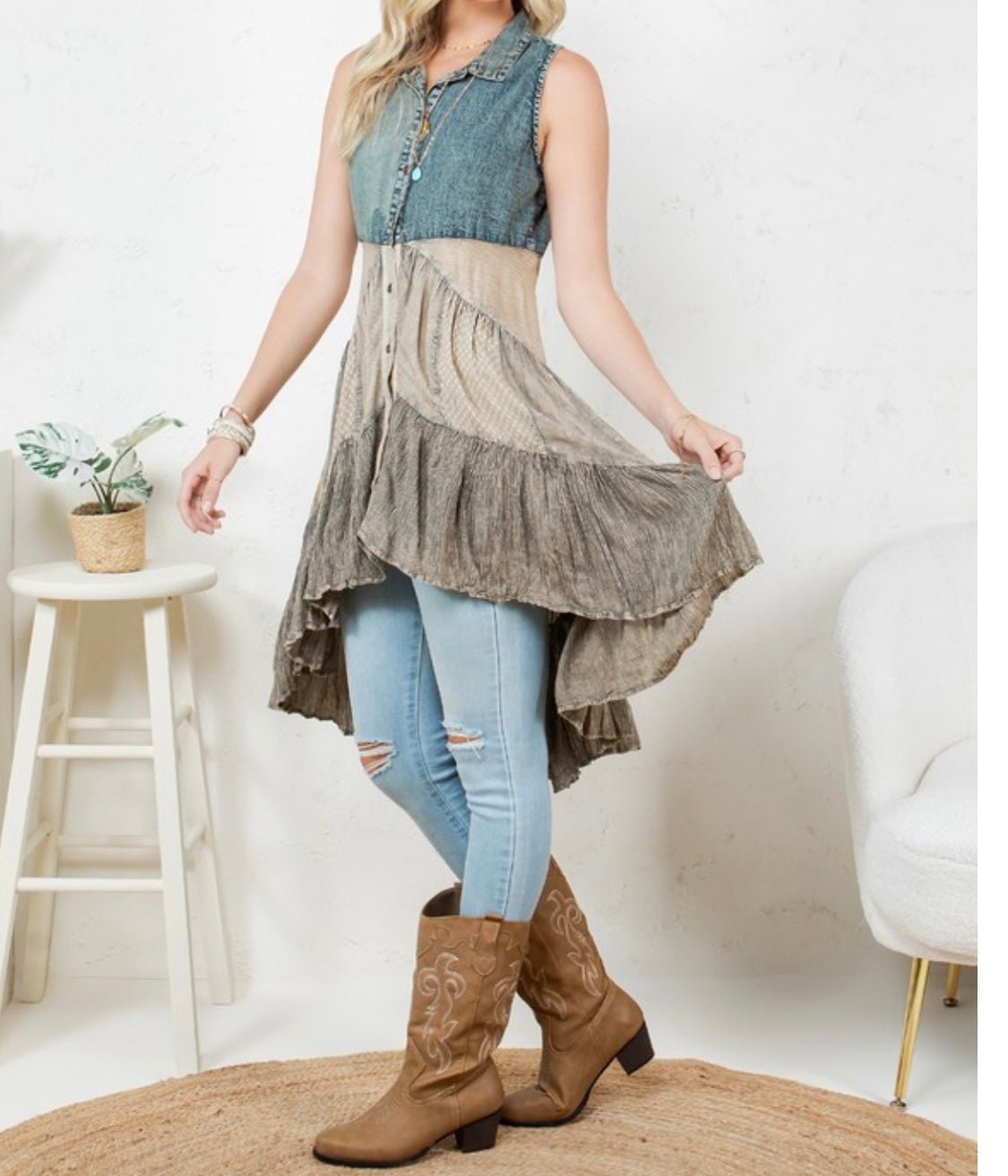 Denim & Beige Asymmetrical Hi Low Vest - In Store & Online - Bella Boutique & Bellasbylola.com