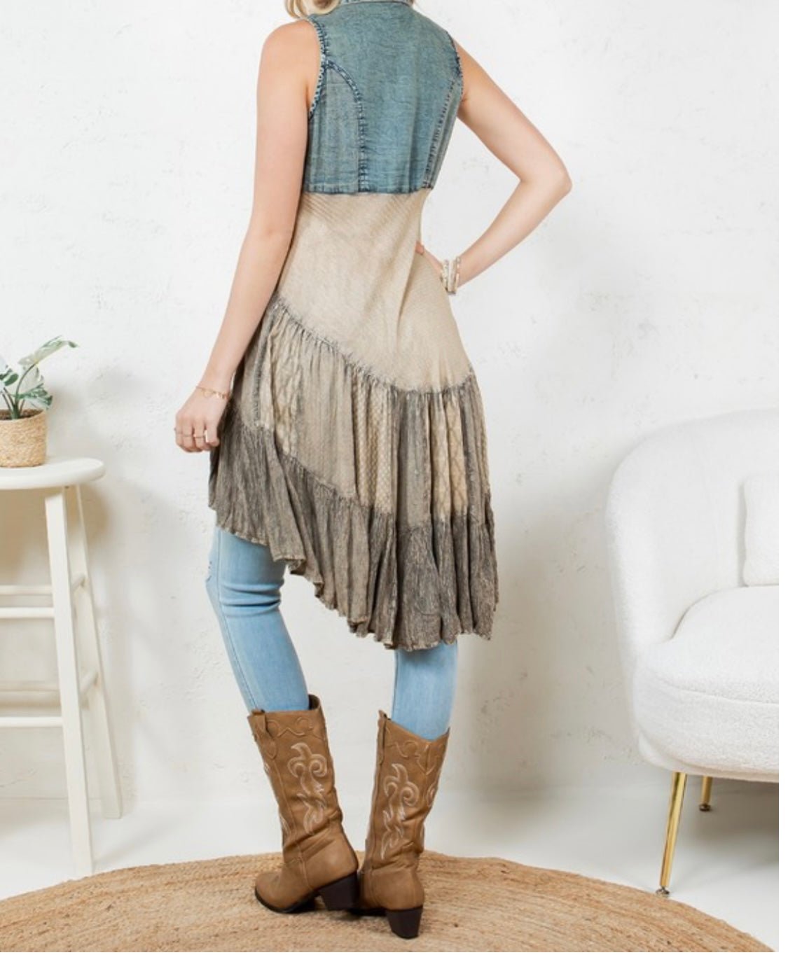 Denim & Beige Asymmetrical Hi Low Vest - In Store & Online - Bella Boutique & Bellasbylola.com