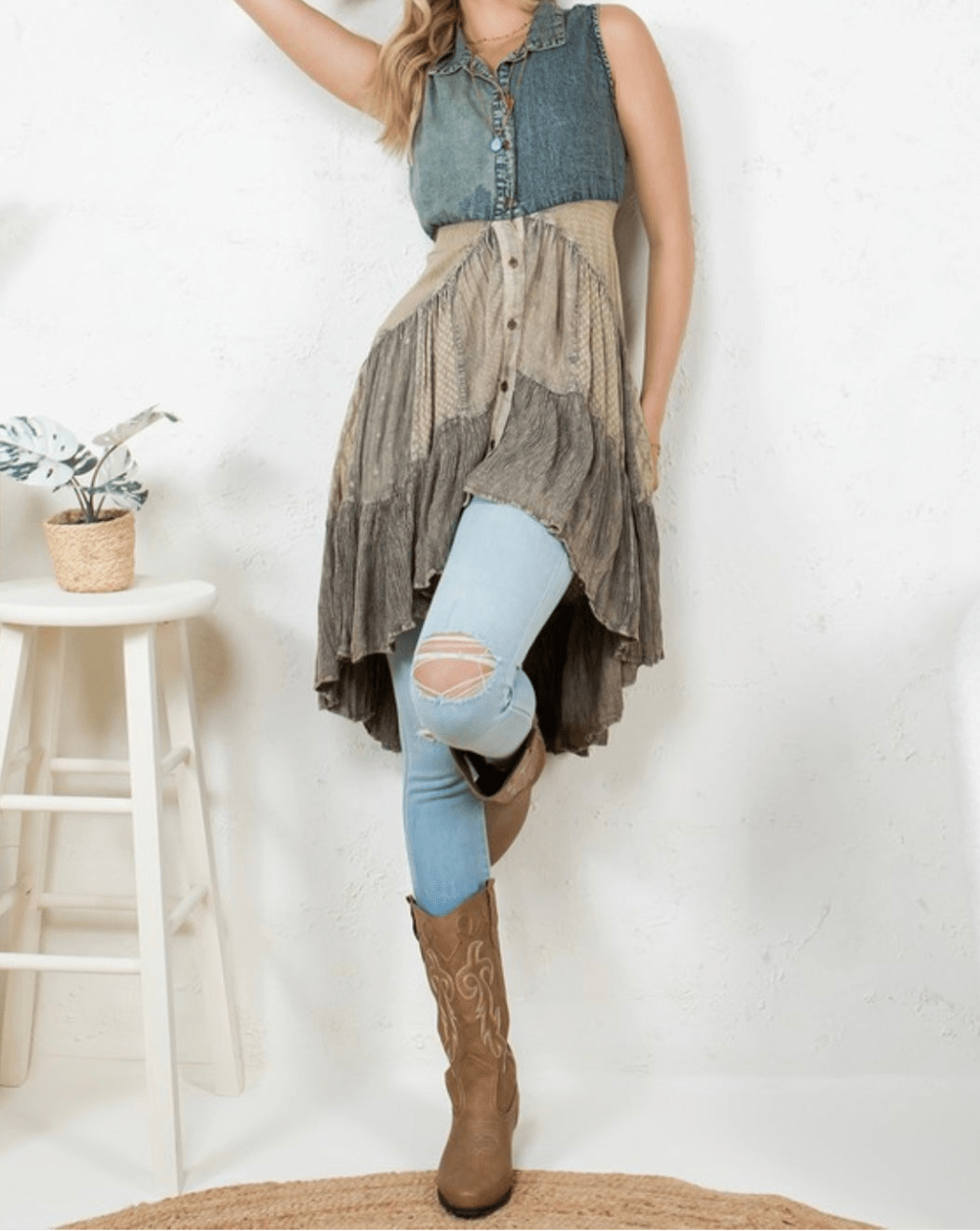 Denim & Beige Asymmetrical Hi Low Vest - In Store & Online - Bella Boutique & Bellasbylola.com