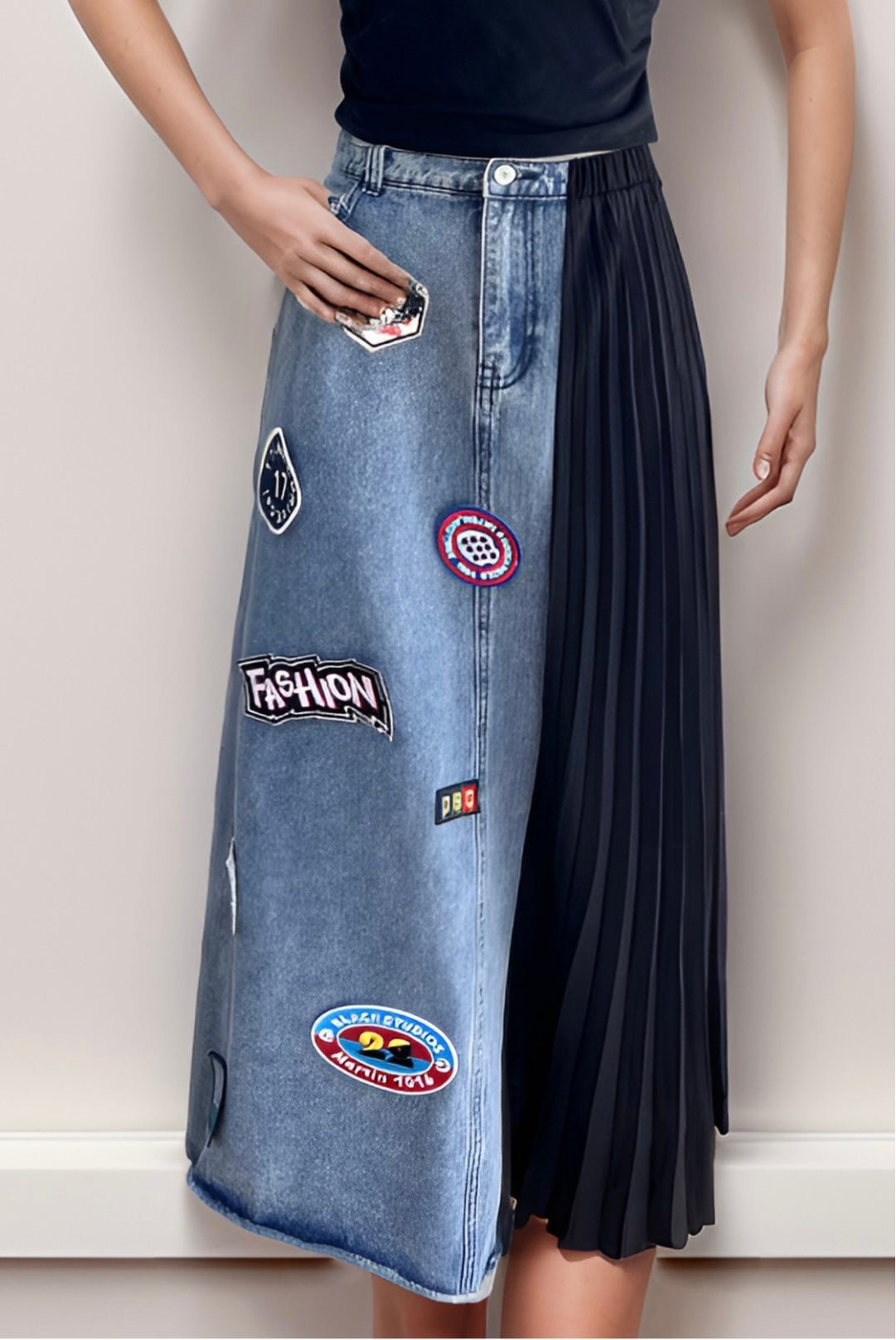 Denim Black & Blue Pleated Contrast Skirt - New ✨✨✨ - Bella Boutique & Bellasbylola.com