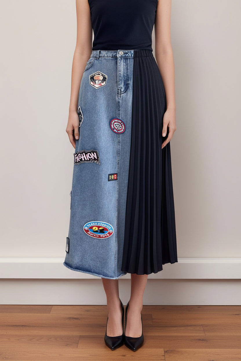 Denim Black & Blue Pleated Contrast Skirt  - Bella Boutique & Bellasbylola.com
