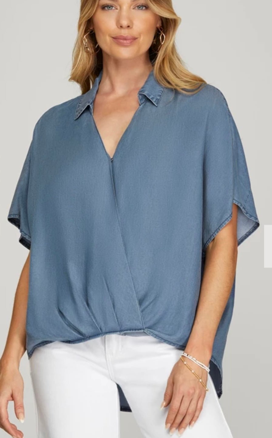Denim Flowy blouse - New 🌟 - In Store & Online - Bella Boutique & Bellasbylola.com