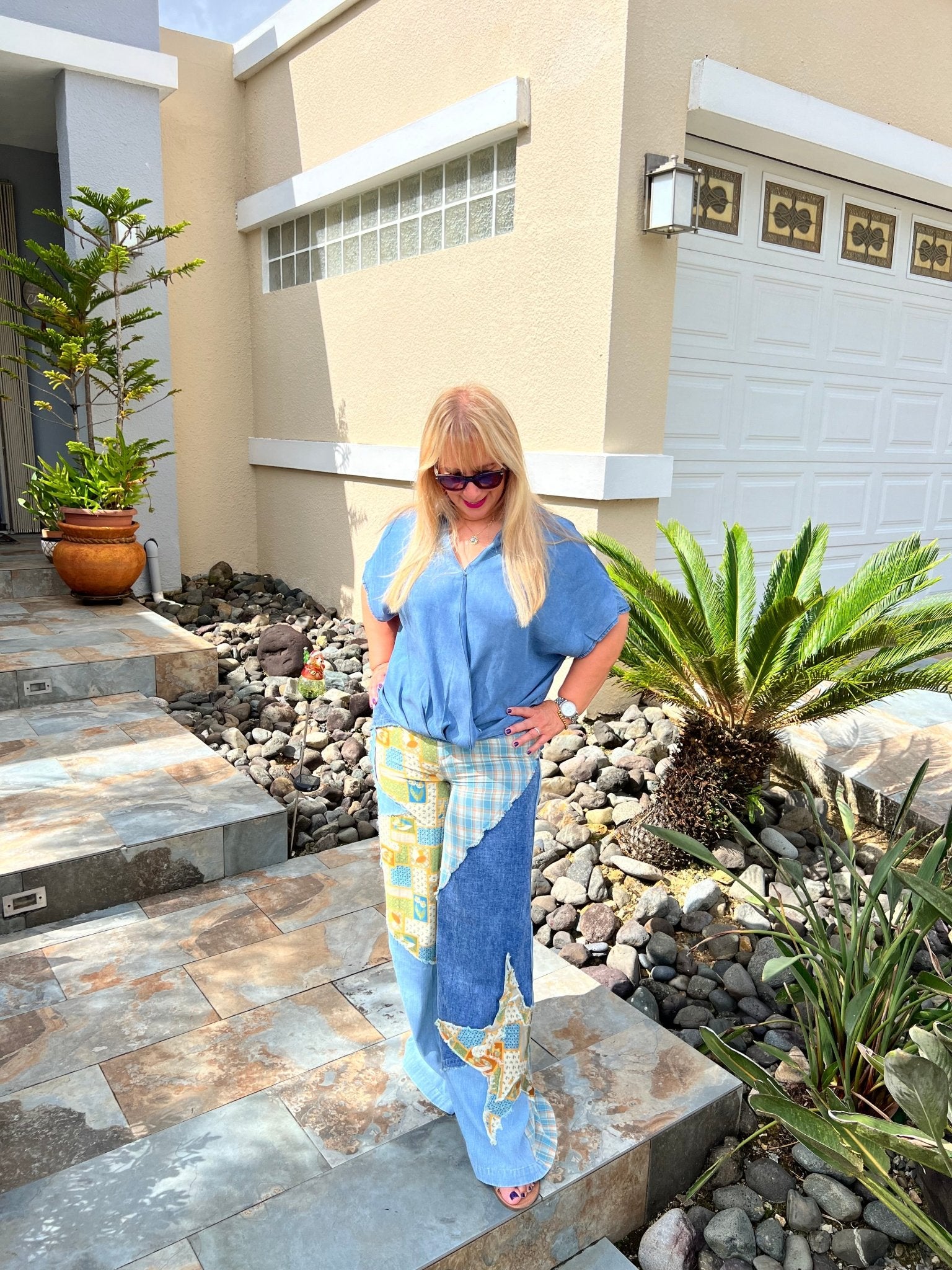 Denim Flowy blouse - New 🌟 - In Store & Online - Bella Boutique & Bellasbylola.com