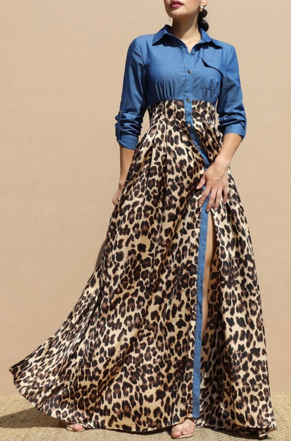 Denim Leopard Maxi Dress - New🌟 también en tienda - Bella Boutique & Bellasbylola.com