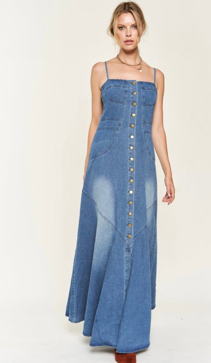 Mermaid Style Denim Maxi Dress with Adjustable Straps