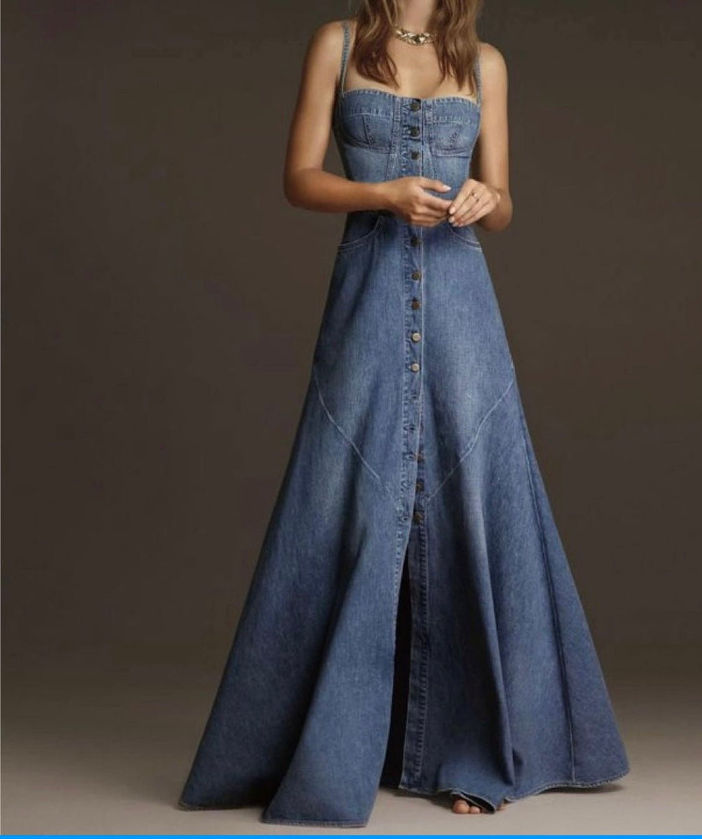 Mermaid Style Denim Maxi Dress with Adjustable Straps