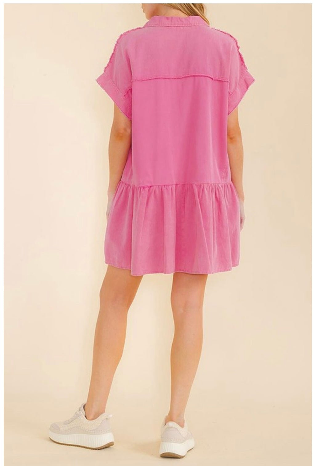 Chic Pink Denim Tunic Dress with Front Pocket - 100% Cotton - Bella Boutique & Bellasbylola.com