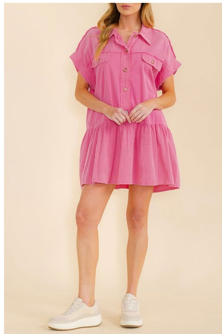 Pink Denim Tunic Dress Button Front Detail Front Pocket