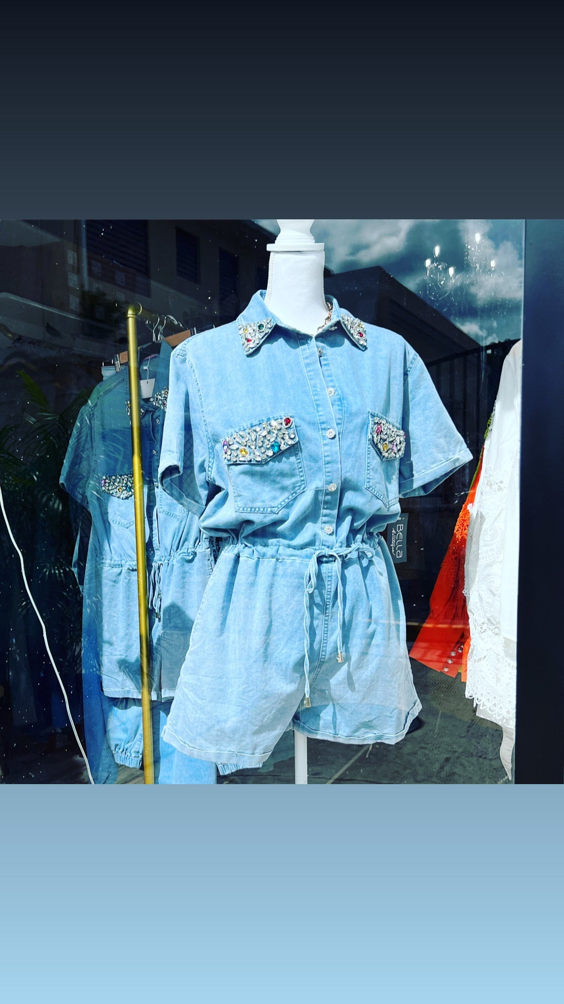Rhinestone Faux-Denim Romper: Sparkle and Shine Day or Night!✨ - Bella Boutique & Bellasbylola.com