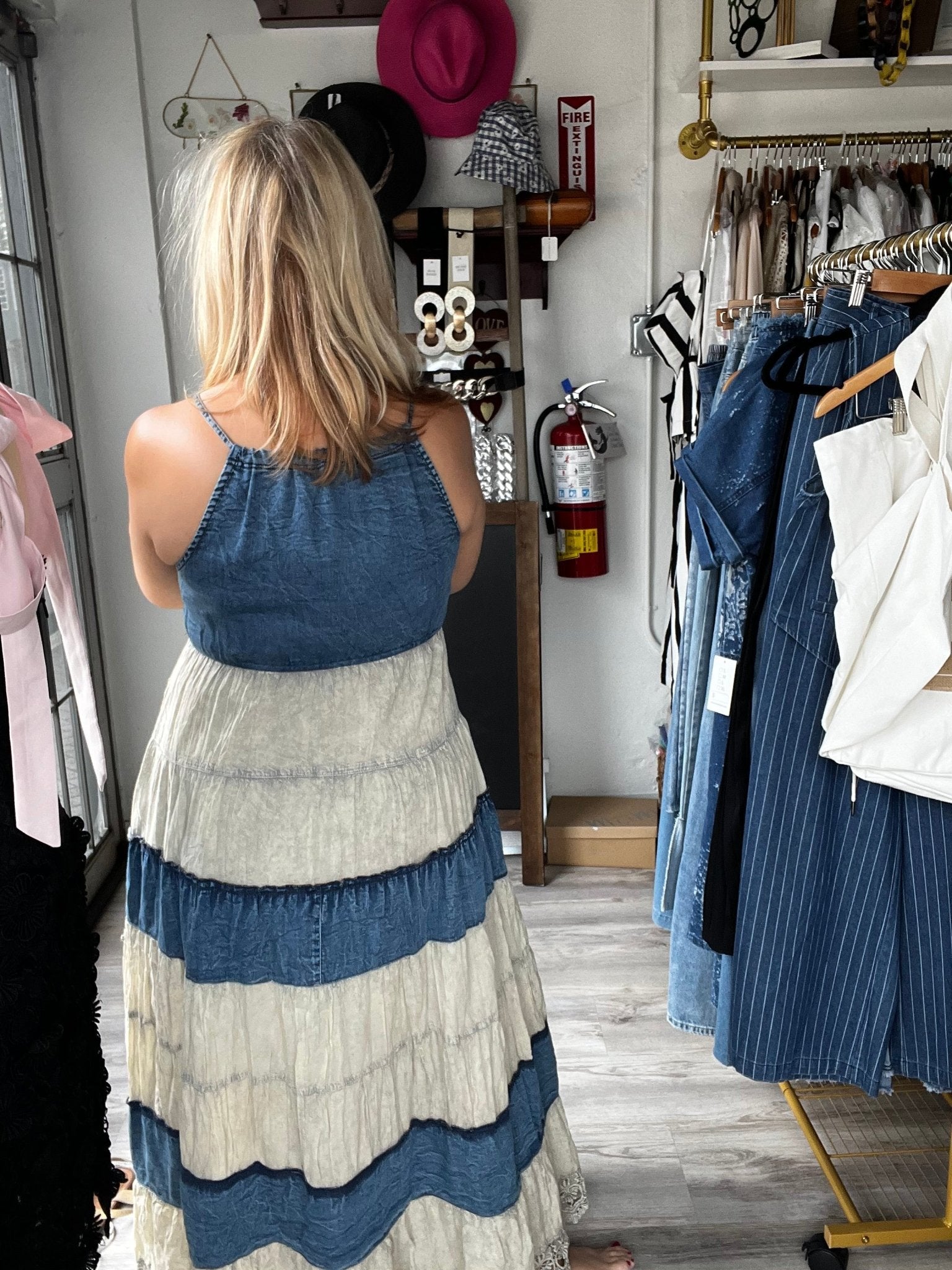 Embroidered White Halter Neck Denim Boho Maxi Dress - In Store & Online💫 - Tax Included - Bella Boutique & Bellasbylola.com