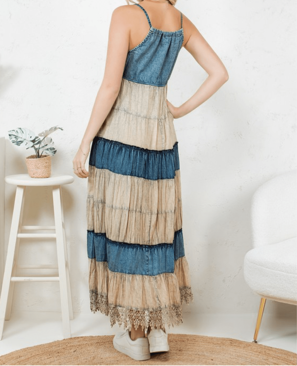 Embroidered White Halter Neck Denim Boho Maxi Dress - In Store & Online💫 - Tax Included - Bella Boutique & Bellasbylola.com