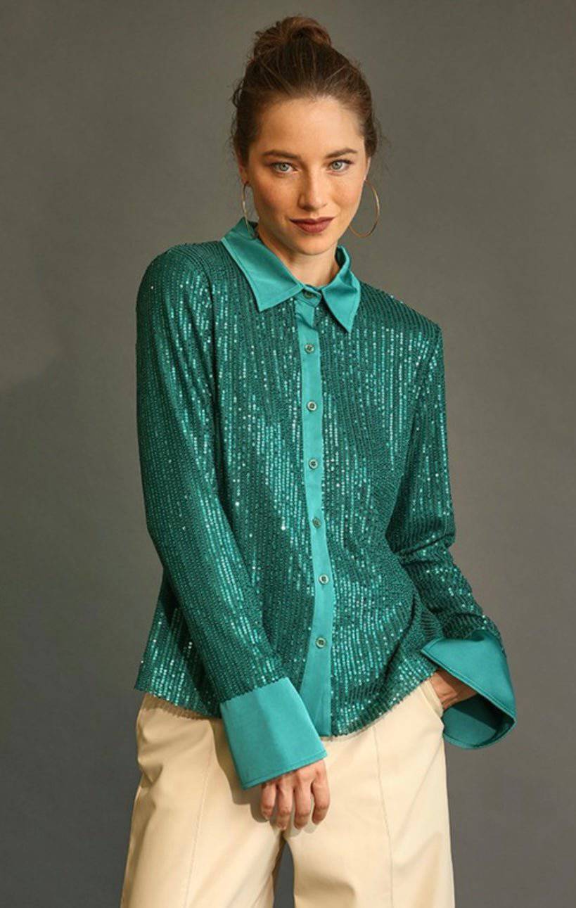 Sequin Satin Button Down Shirt - True to Size, Full Lining, Comfortable Fit - Bella Boutique & Bellasbylola.com
