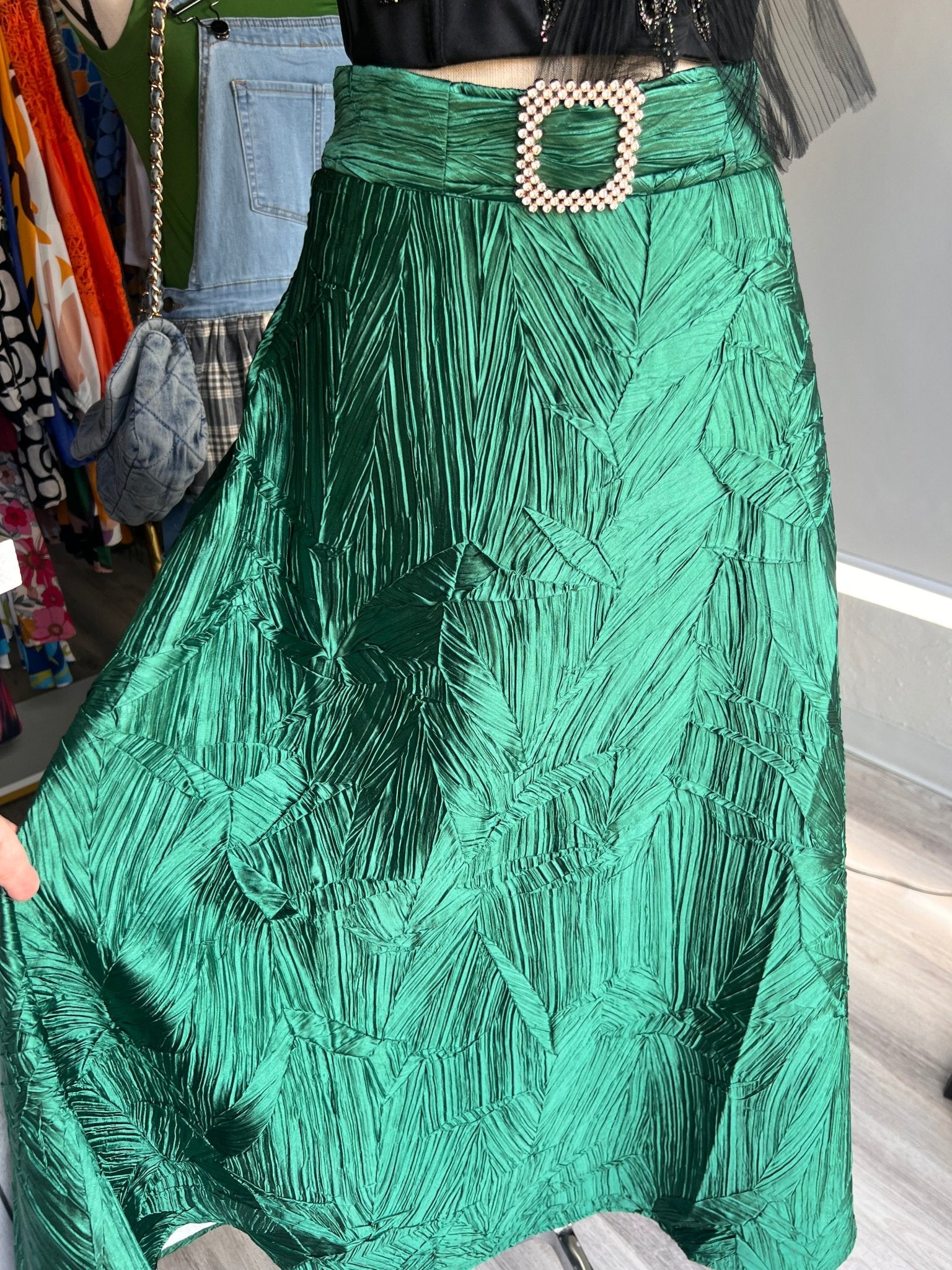 Emerald Taffeta Midi Skirt with Waist Embellishment - Premium Collection - Bella Boutique & Bellasbylola.com